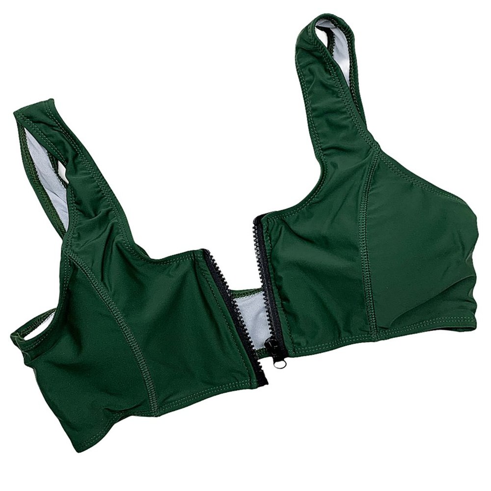 Army Green Scoop Neck Zip-Front Crop Top Bikini - Picture 10 of 16